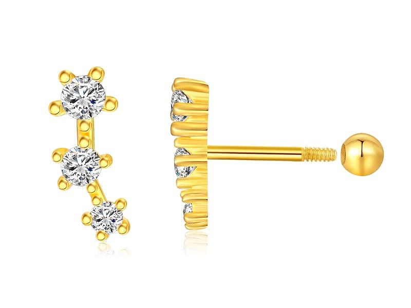925 Sterling Silver Trio CZ Gold Screw Back Stud Earrings for Women/Girls, Sparkly CZ Stud Earrings for Helix Cartilage Tragus Earlobe Conch Piercing Jewelry 20 Gauge