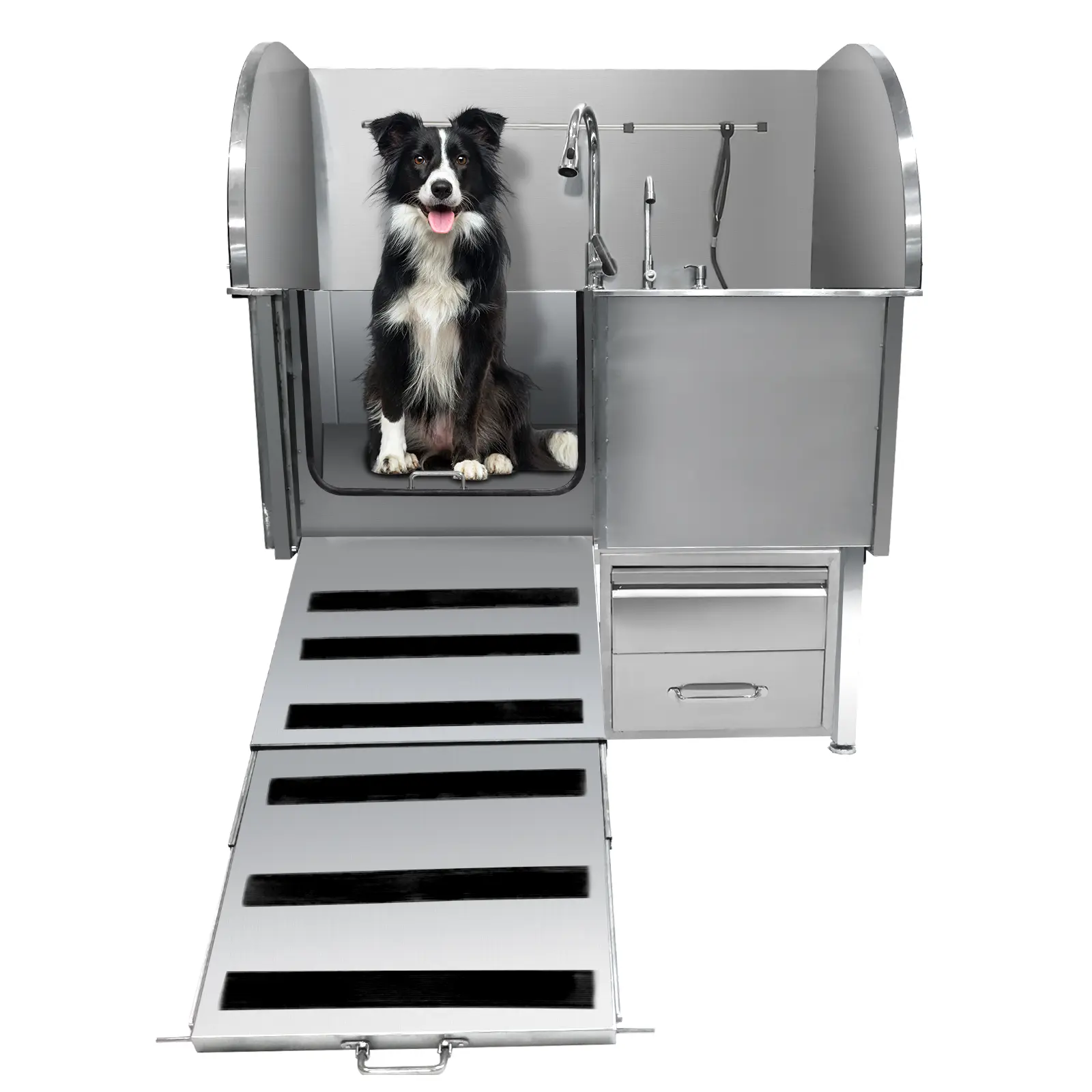 Professional Stainless Steel Dog Grooming & Bathing Tub - 50 in, Ramp Access, Storage Drawer, Floor Grate, Faucet - Pet Wash Station for All Sizes, Indoor/Outdoor Use