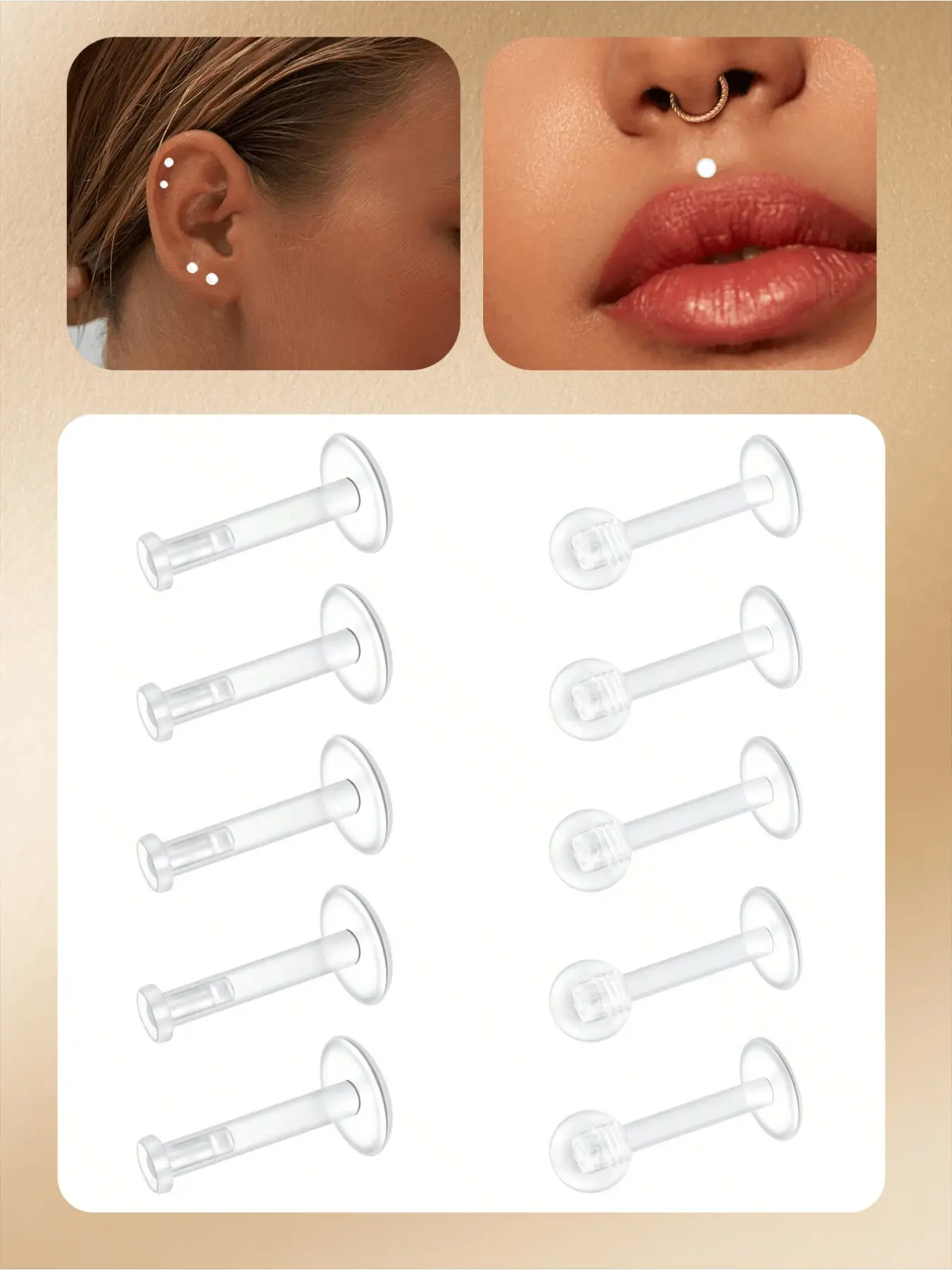 Transparent Earrings, Suitable For Work And Sports - Bioflex Lip Rings, Cartilage Helix Tragus Earlobe Earrings, Clear Piercing Retainers, Plastic Jewelry, Unisex, 6mm, 8mm, 10mm, 12mm