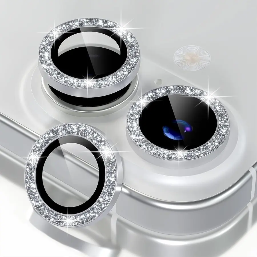4-Pack Glitter Bling Camera Lens Protector for iPhone 16 & 17 | 9H Tempered Glass Cover with Aluminum Alloy Ring | Scratch-Proof, Case-Friendly Decorative Accessory