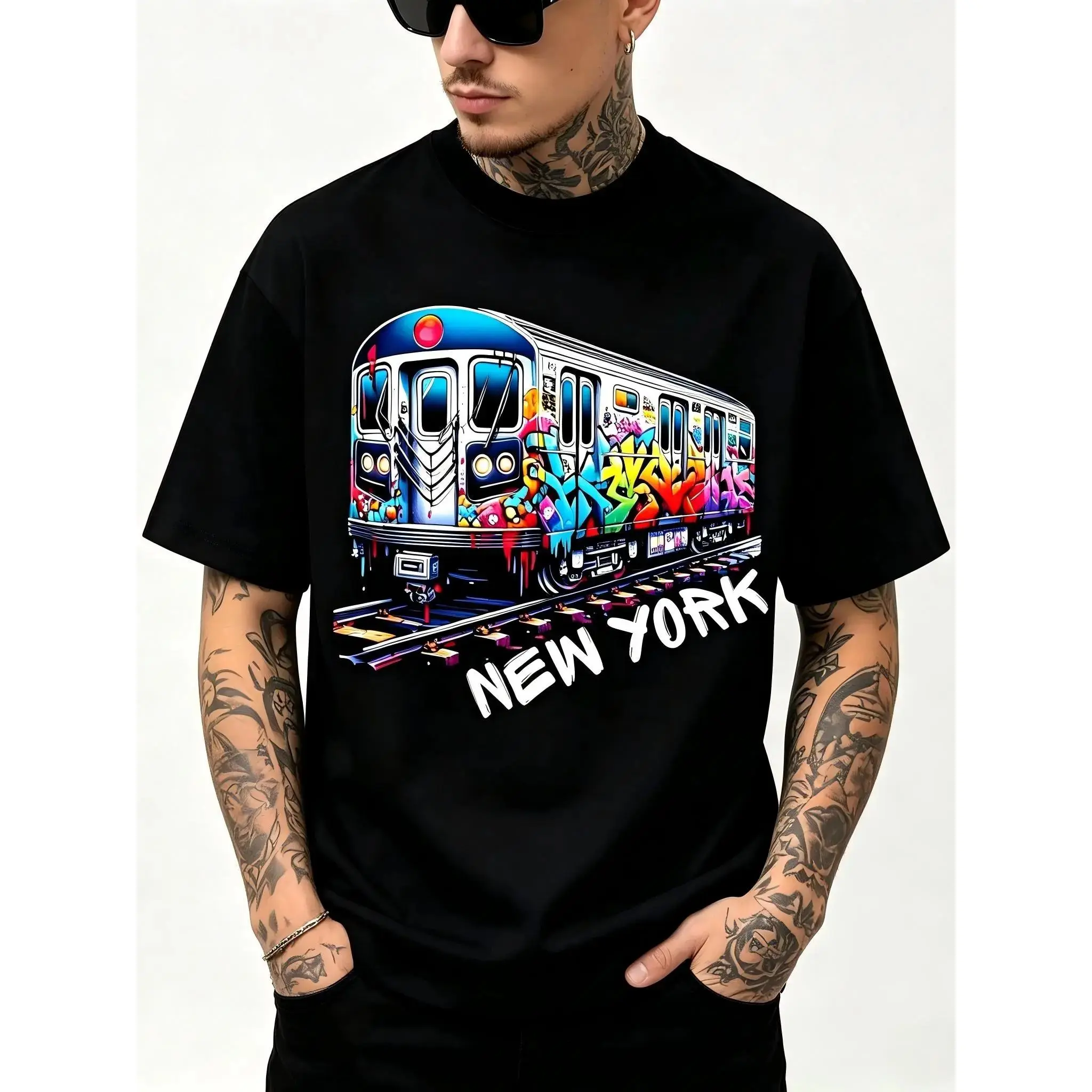 Oversized Graphic T-Shirt, Baggy Retro NYC Subway Graffiti Street Art Tee, Unisex Loose Fit Round Neck Shortsleeve Top, Relaxed Fit, Casual Tee, Graphic Front, Full Print