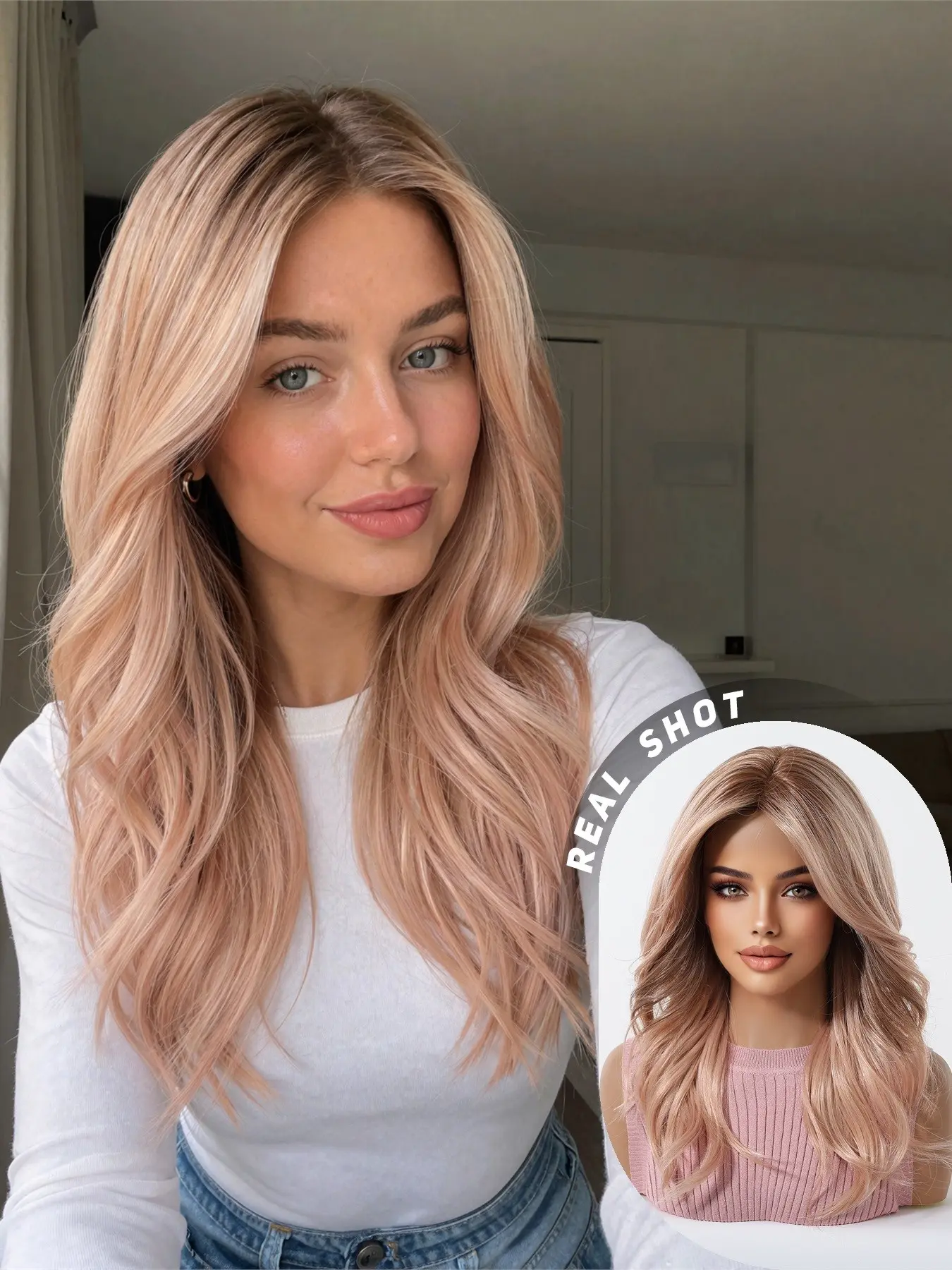 Gold Gradient Peach Medium Length Wig, Curly Water Wave Fiber Hairpiece, Easy Care Full Head Cap, European Style, Synthetic Wig