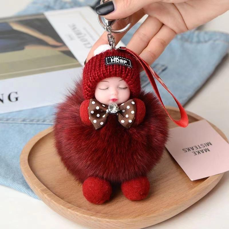 Cute 3-Piece Pom-Pom Plush Set, Sleeping Doll Keychains, Baby Car & Bag Pendant Ornaments
