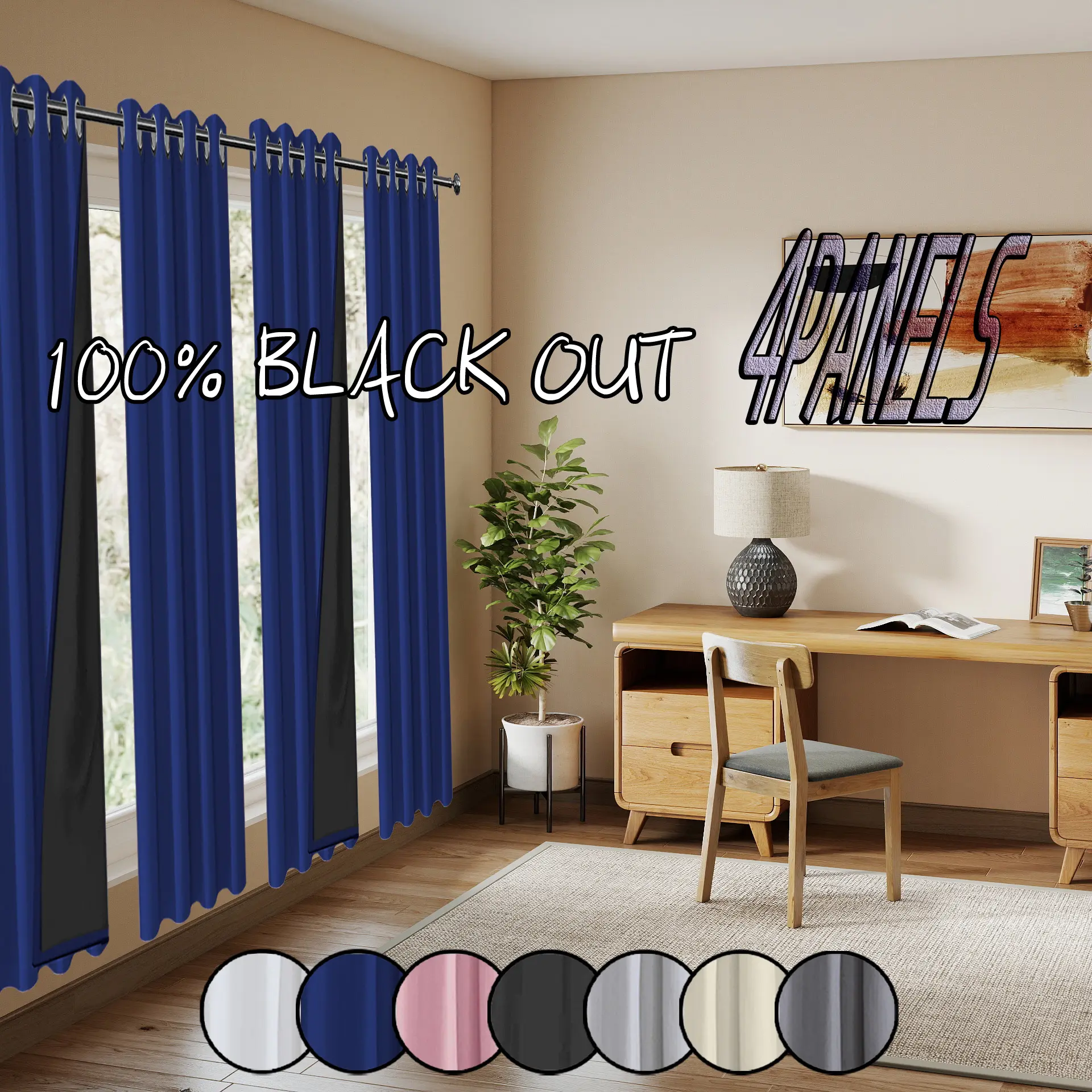4-piece 100% blackout curtains with polyester material and film-coated process for sunproof and heat insulation, featuring punched grommet loops for hanging, suitable for living rooms, bedrooms, kitchens, bathrooms, and home decor
