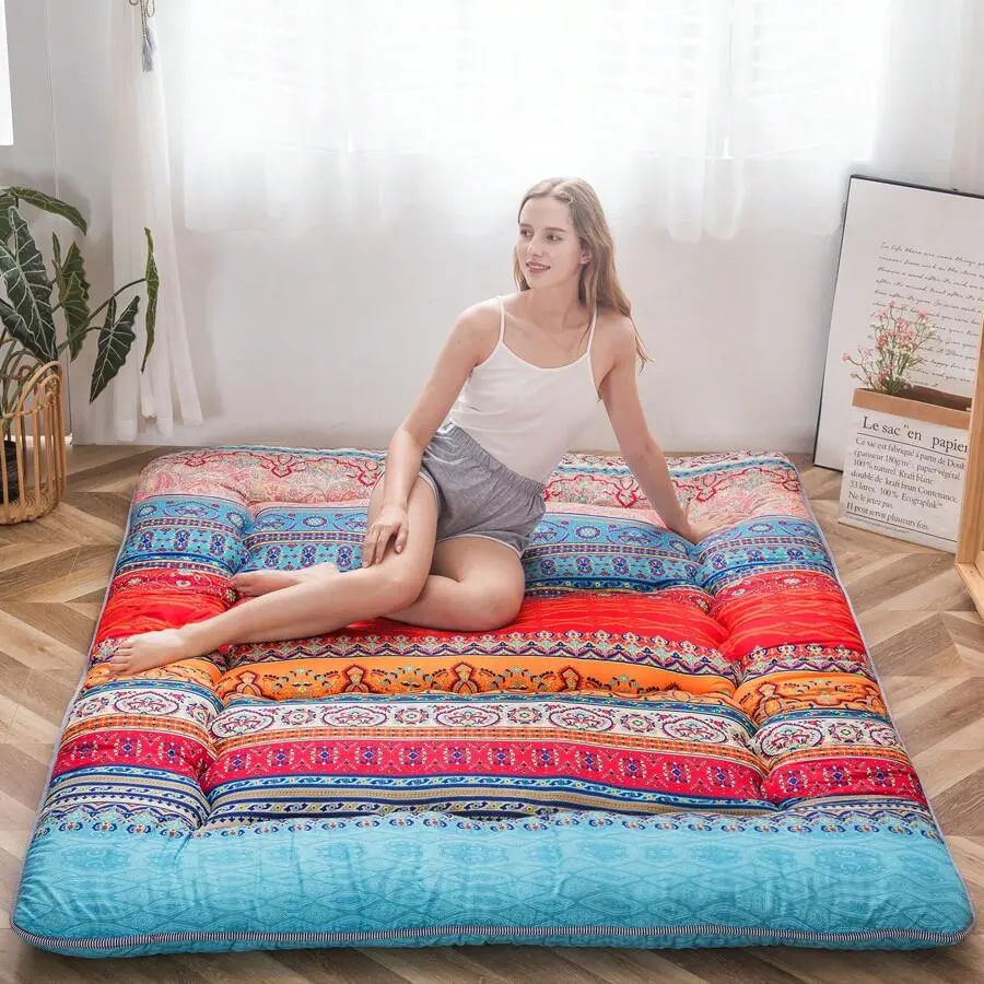 Bohemian Retro Floor Mattress Vintage Floral Japanese Futon Mattress Roll Up Tatami Floor Foldable Bed Portable Camping Mattress Sleeping Pad Floor Lounger Couch Bed