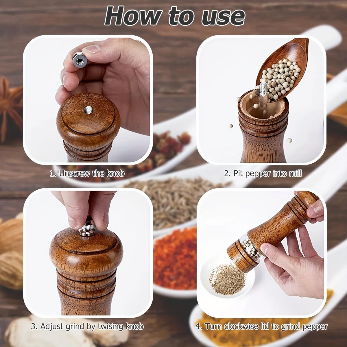 2pcs, Pepper Grinder, Household Sea Salt Ginder, Wooden Spice Grinder, Manual Pepper Mill, Spice Crusher, Reusable Spice Bottle for BBQ Picnic Camping, Kitchen Gadgets, Valentine's Day Gifts, Kitchen Decoration