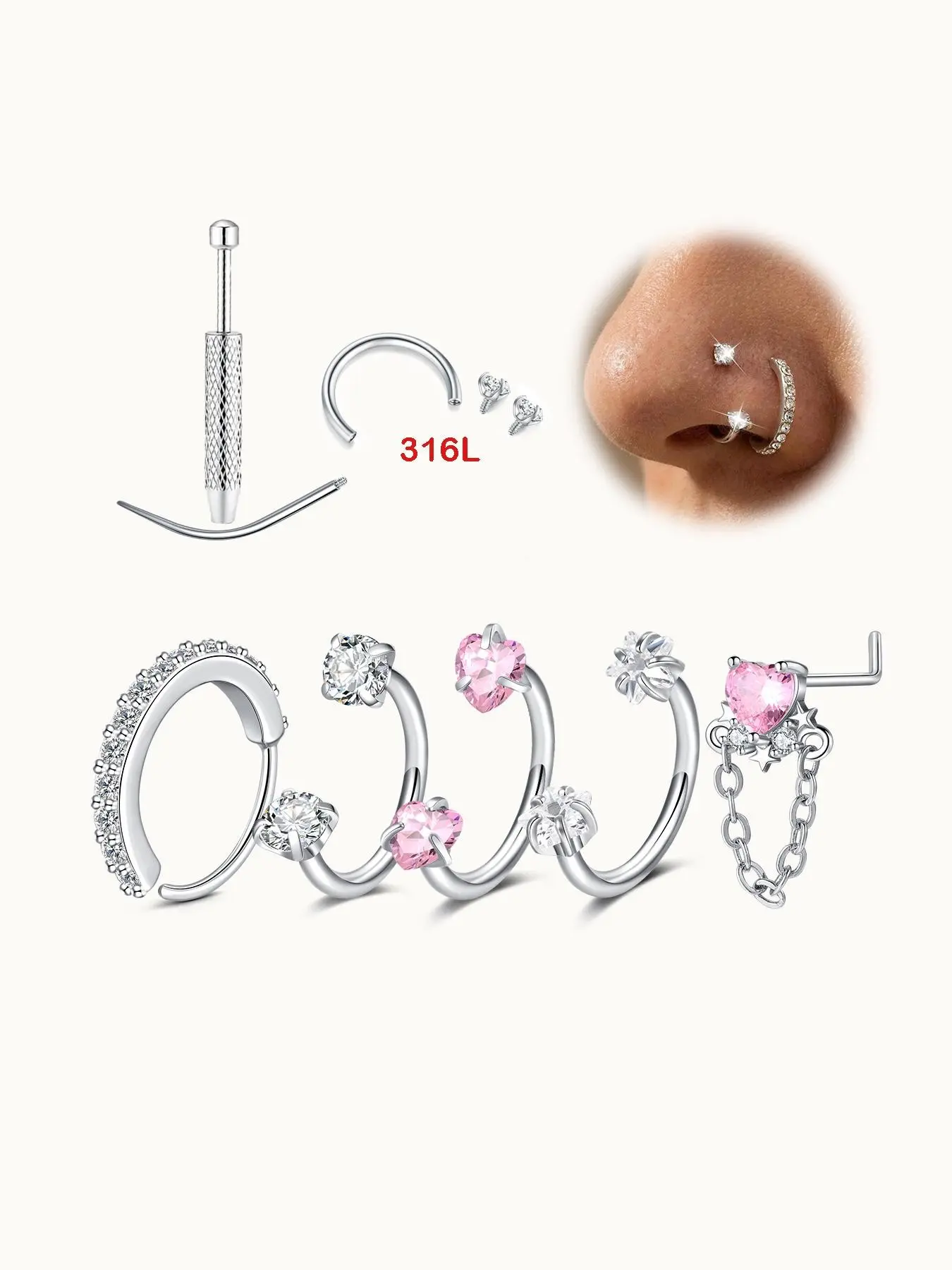 Rhinestone Horseshoe Nose Rings, Body Piercing Jewelry, Hypoallergenic 316L Stainless Steel 18/20 Gauge 8mm Hoops, Internal Threaded Ideal for Nose, Cartilage, Lip Piercing With Piercing Ball Grabber Tool Heart Design Chain