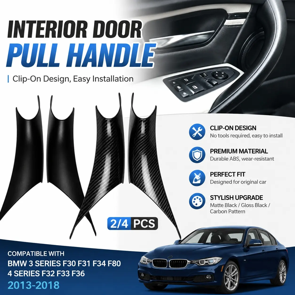 Sticky Door Handle Fix, Clip-On Interior Door Pull Handle Cover Trim for BMW 3 4 Series F30 F31 F32 F33 F34 F36 F80 2013-2018, Matte Black Gloss Black Carbon Pattern Interior Upgrade