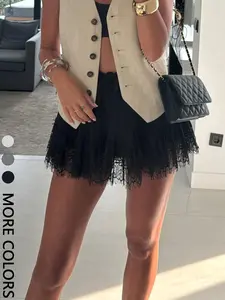 1 piece Women's Valentine's Day lace trim pleated mini skirt, high waist, loose fit, casual chic style