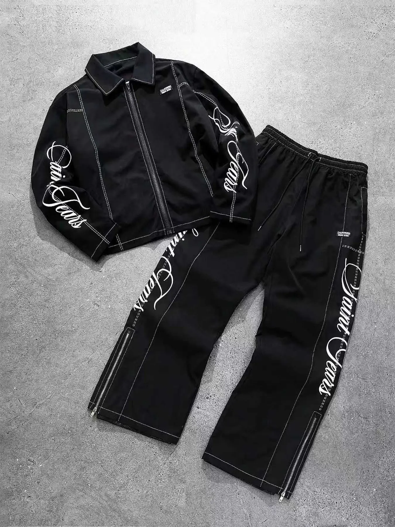 Y2K Streetwear Two-Piece Set, Chicano Script Letter Print Zipper Jacket & Wide-Leg Pants, Trendy Skateboard for Teens