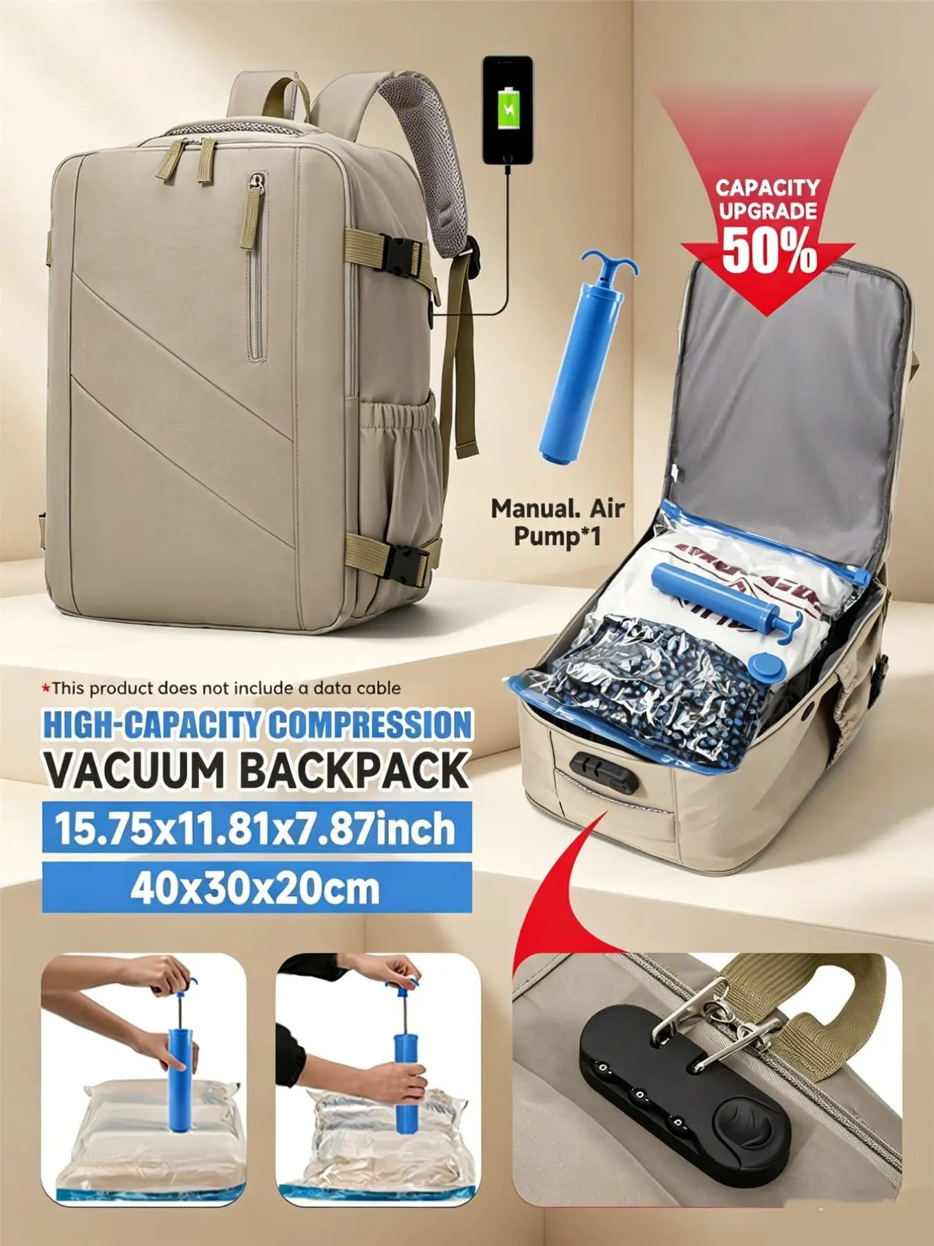 Travel Luggage Vacuum Compression Set Women'S Backpack, Airline Approved 40X30X20Cm Size Travel Carry On Cabin Bag, with Vacuum Pump Combination, Back with Trolley Suitcase Fixed Strap, Suitable for Air Travel And Casual Clothing Storage Bag
