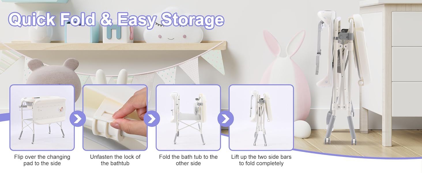 2-in-1 Baby Bathtub with Changing Table, Foldable Diaper Changing Station with 4 Wheels, Waterproof Pad, Storage Rack and Baby Bath Tub, Adjustable Height Portable Nursery Organizer for Newborn Infant