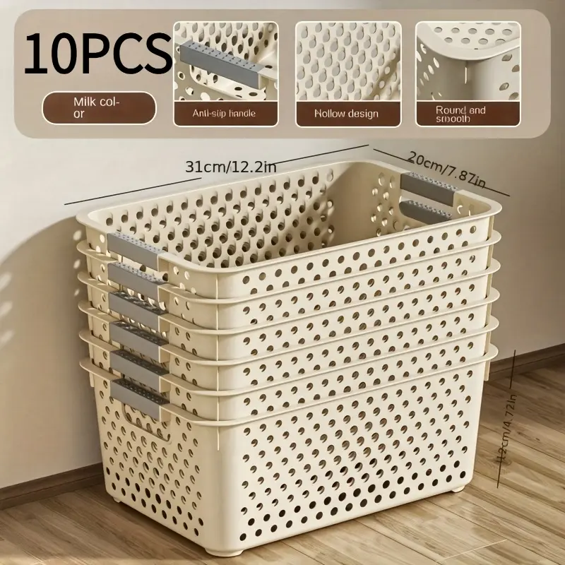 10 Pack Plastic Storage Baskets with Handles Multi Purpose Durable Rectangular Organizer for Shelves Bathroom Dorm Desktop Closet Halloween Decor Storage