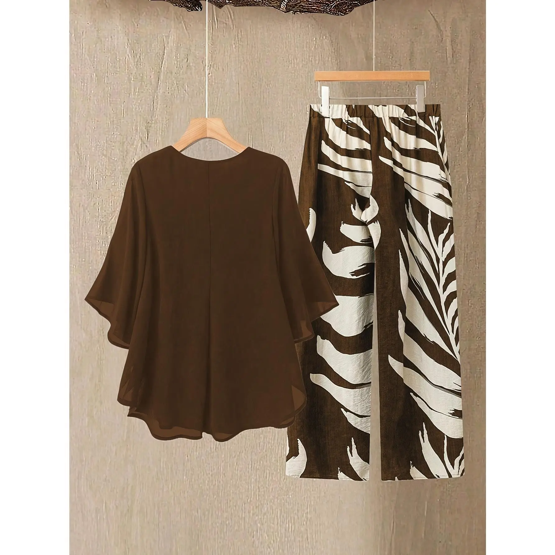Gavin Targeted Development Western Fashion Hot New Round Neck Chiffon Top Leaf Print Long Pants Set