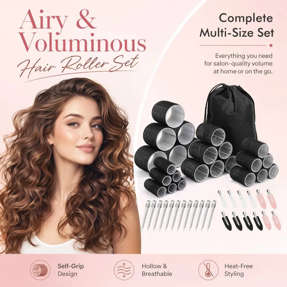 49-Piece Hair Curling Set, Includes Extra Large, Large, Medium, Small Curls, Suitable for Thick Long Hair, Stainless Steel Clips, Storage Bag