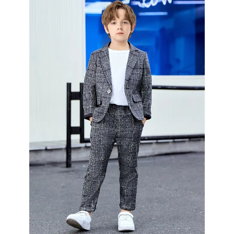 Boys' Suit Tuxedo Handsome Outfit Suit  British Style Boys' Stylish Checkered Suit Boy Piano Host Performance Wedding Flower Boy Birthday Banquet Formal Occasion Dress Daily Wear (Jacket And Trousers)