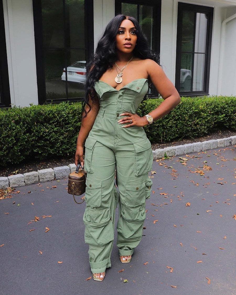 Women's Sexy Off Shoulder Tube Denim Cargo Jumpsuits Wide Leg Baggy Loose Jean Pants Rompers Overalls, green jumpsuit, suitable for clubs, parties, plus size women's clothing 5XL