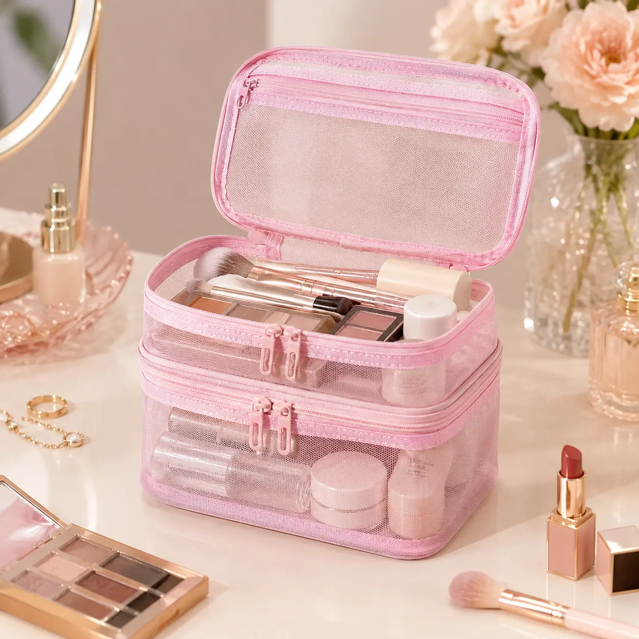 Large Capacity Makeup Bag, Portable Cosmetic Storage Bag with Handle, Zipper Travel Makeup Organizer for Toiletries, Skincare & Everyday Storage