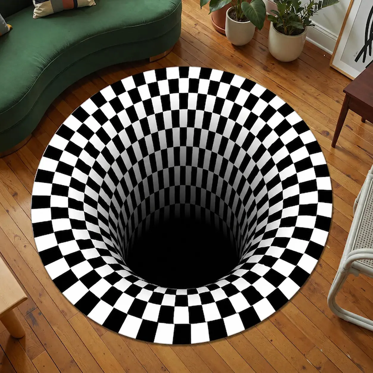 Optical Illusion Rug, 3D Vortex Pattern, Round Shape, Modern Design, Ideal for Contemporary Interiors, Enhance Your Space Stylishly