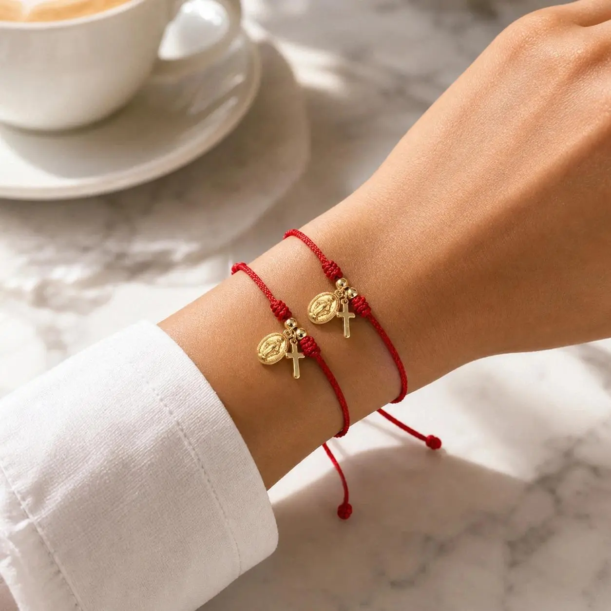 Unisex Adjustable Wrap Bracelet Set - Gold-Plated Catholic Cross Charm Bangle, Waterproof Red String Faith Gift Accessory for Luggage & Bags