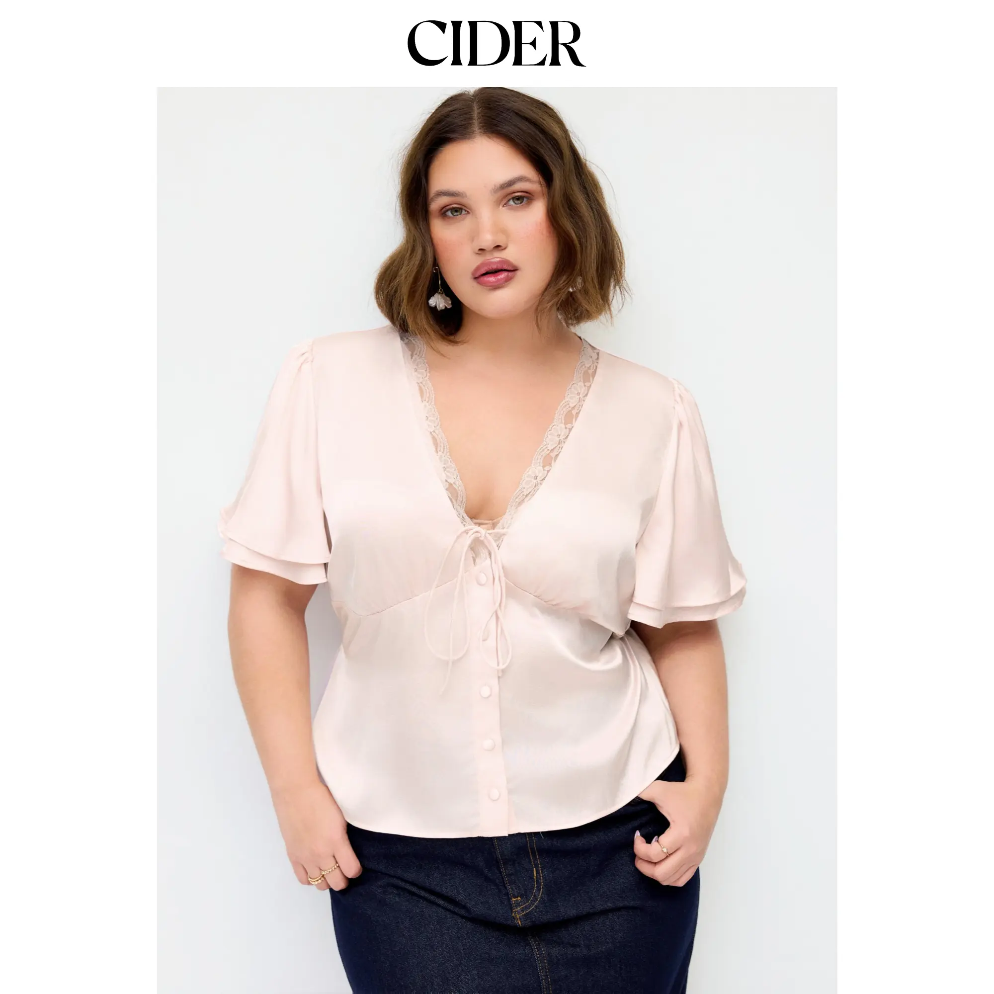 Cider Lace Trim V-Neck Drawstring Short Sleeve Blouse