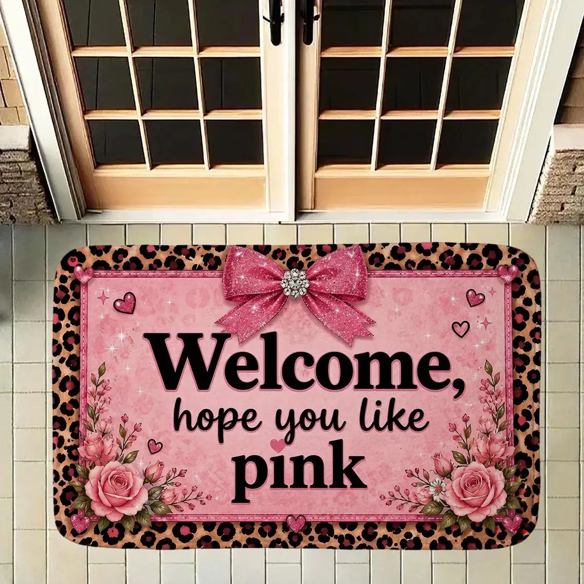 "Welcome Hope You Like Pink" Leopard Print Border Flannel Soft Plush Area Rug, Non-slip Indoor Floor Mat. Cute Coquette Pink Bow Rose Washable Entryway Door Mat Carpet for Girls Bedroom Living Room., Girly House Accessories, Coquette Girl