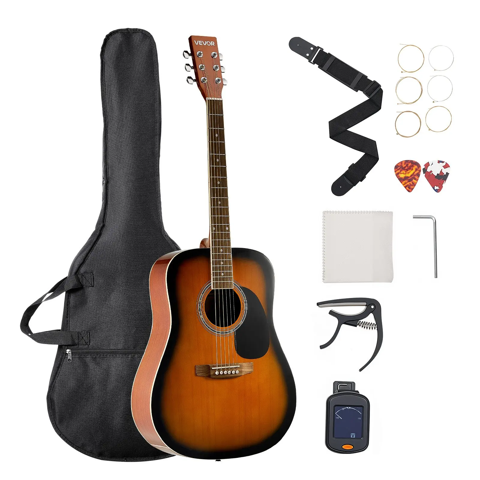 【DealsForYouDays】VEVOR Dreadnought Acoustic Guitar, 41 in, 6-String Sunburst Solid Spruce Top Guitar, Beginner Bundle with Gig Bag, Tuner, Strap, Strings, Picks, Capo, Rosewood Fingerboard, for Adult Taller Player