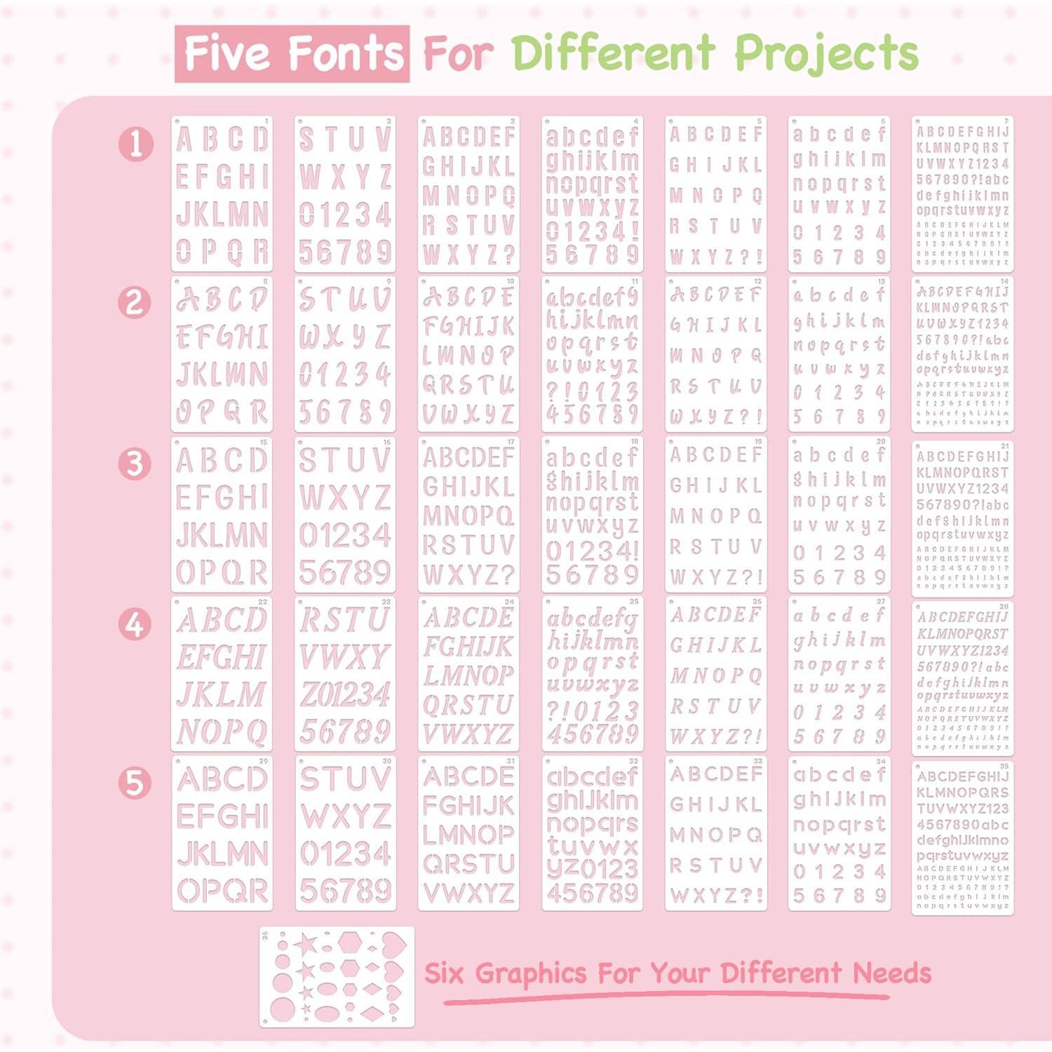 Small Letter Stencils for Painting, 36 count (1/4, 1/2, 3/4, 1, 5/4 in.) Plastic Templates with Number & Alphabet - DIY Crafts