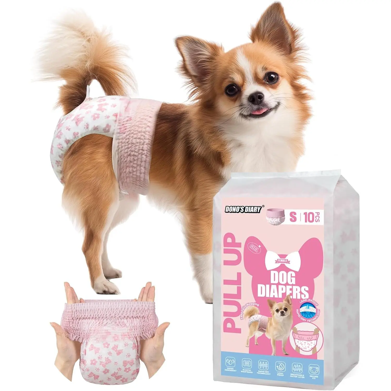 Dono Disposable Pull It Up Female Dog Diapers, 360° Stretchy Waist Puppy Diapers, Super-Absorbent Doggie Diapers with Rapid-Dry Technology Leak-Proof Design for Doggy in Heat Period, S 10 Pcs