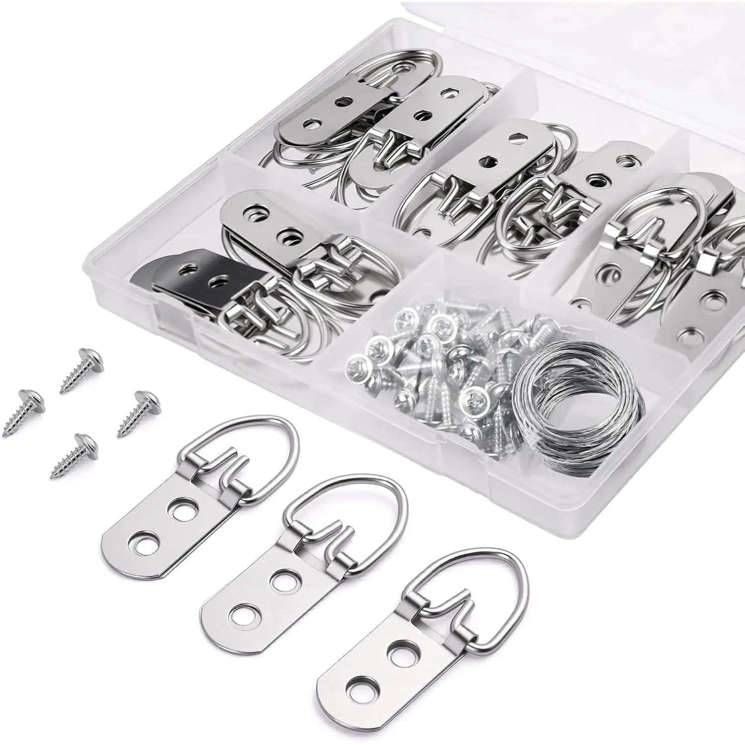 D Ring Picture  Kit with Screws Kit, 30 Double Hole Hangers & 60 Screws with 1 Steel Wire Rope, Professional Wall Hooks for Art Frames and Mirror Wall Mounting Frames Mirrors Canvas