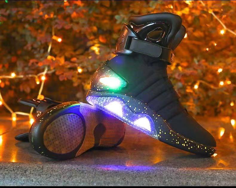 Stylish White USB-Rechargeable Glow-in-the-Dark High-Top Sneakers with Neon Lights & Stripes for Street Dancing & Nighttime Exercise back  to  the  future  shoes
