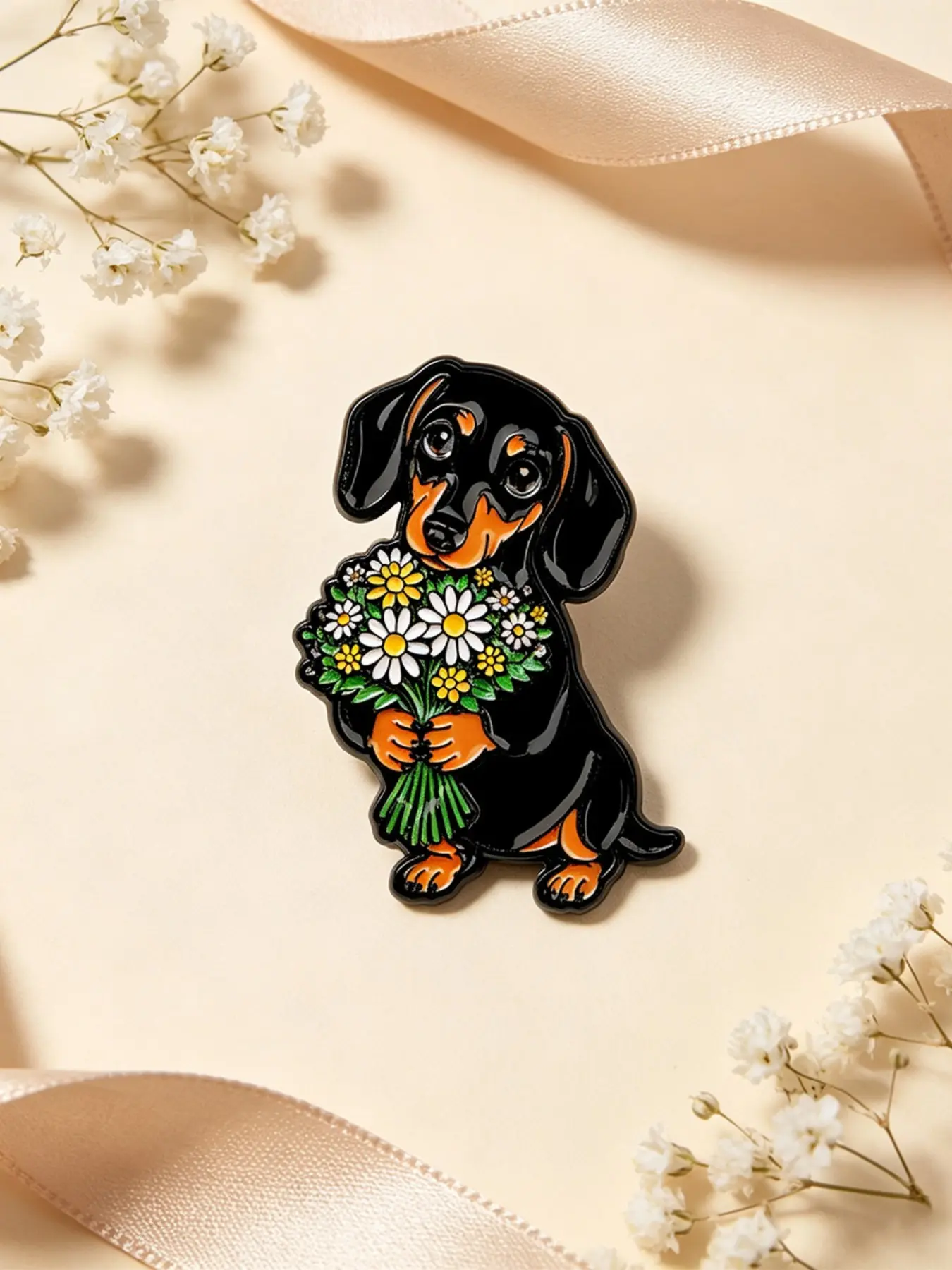 Floral Dachshund Pin, Cartoon Animal Zinc Alloy Badge, Elegant Backpack Fashion Accessory, Perfect Gift for Friends, All Season Wear
