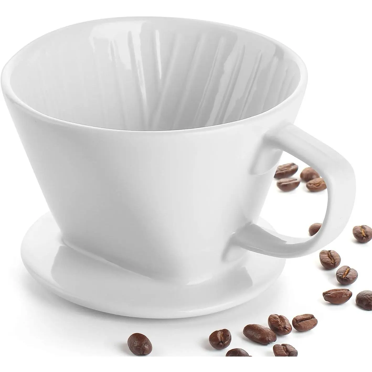 White Porcelain Manual Pour-Over Coffee Maker - Non-Electric, 3-Hole Drip, Conical Shape, Vertical Ribs, 1-Serving Single Cup for Home Office Use, Gifting Home Supplies