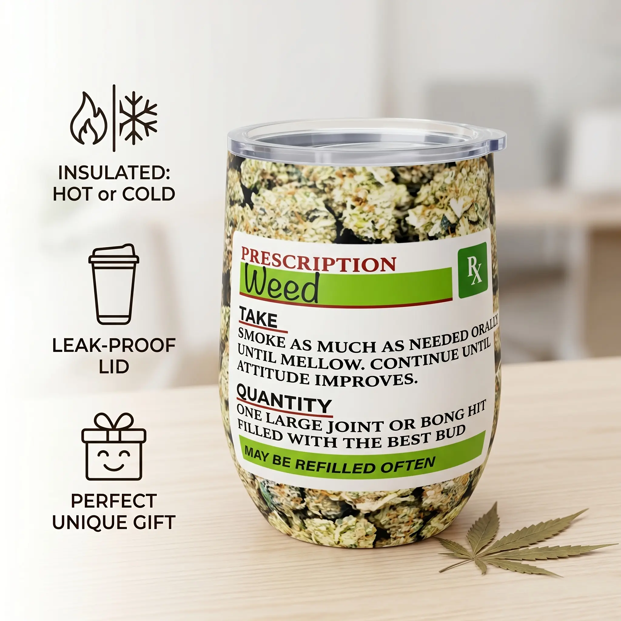 1 Piece 12 oz Themed Prescription Label Insulated Tumbler - Double-Wall Vacuum Insulated Stainless Steel Cup with (THC/CBD) Designs, Patient-Friendly Portable Travel Mug for Camping, Gift for Users