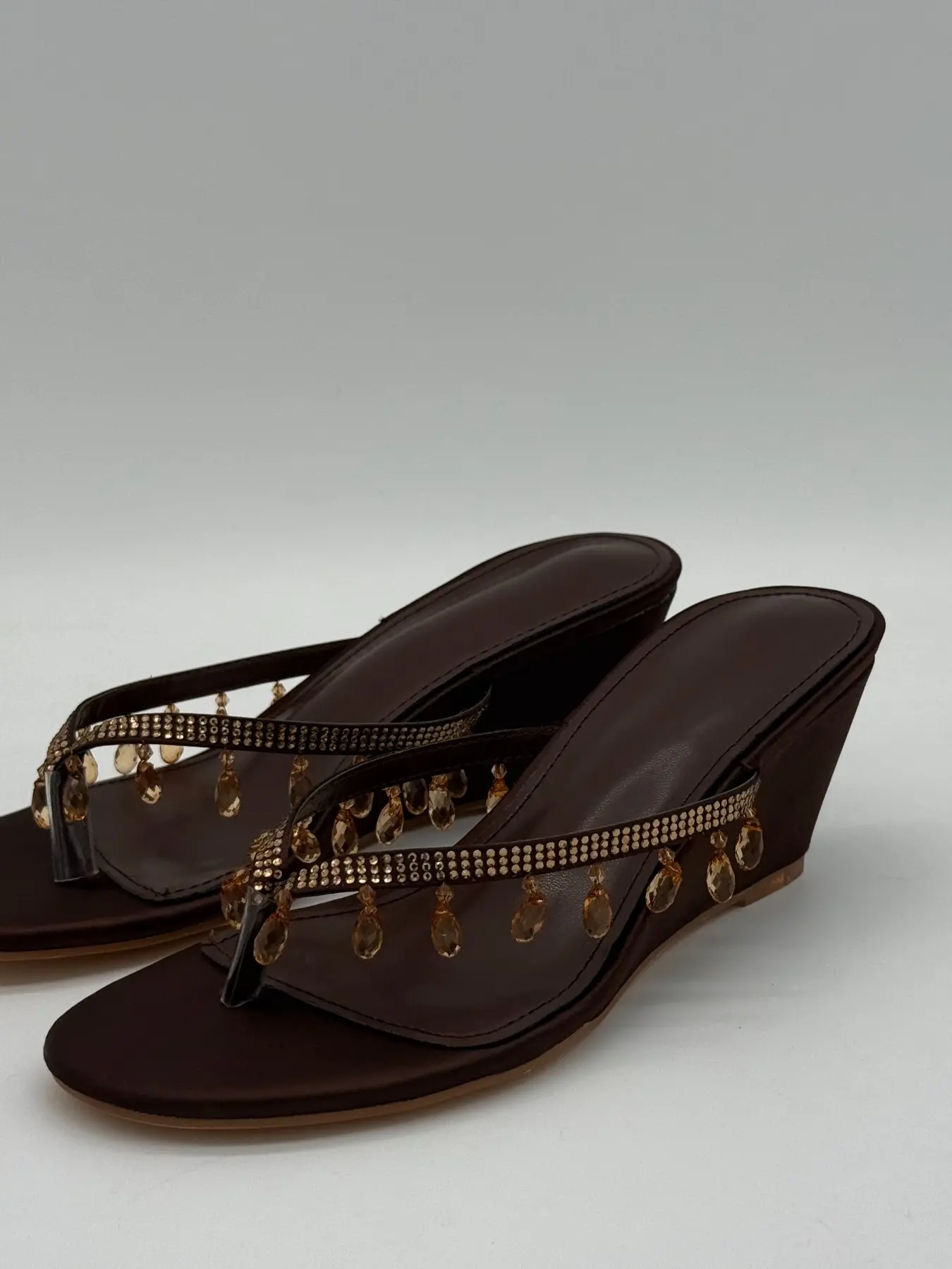 Women's「6CM (2.4"") Wedge」 Brown Wedge Flip Flops Rhinestone Crystal Drop Thong Sandals Bohemian Trendy Sandals Summer Slip On Heels Bohemian Style Sandals
