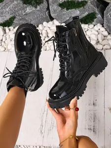 Side Zip Fashion Boots, Short Boot, Sparkling Thick Sole, Instantly Trendy, PU Leather, Rubber Sole, Fall & Winter, Sexy Style