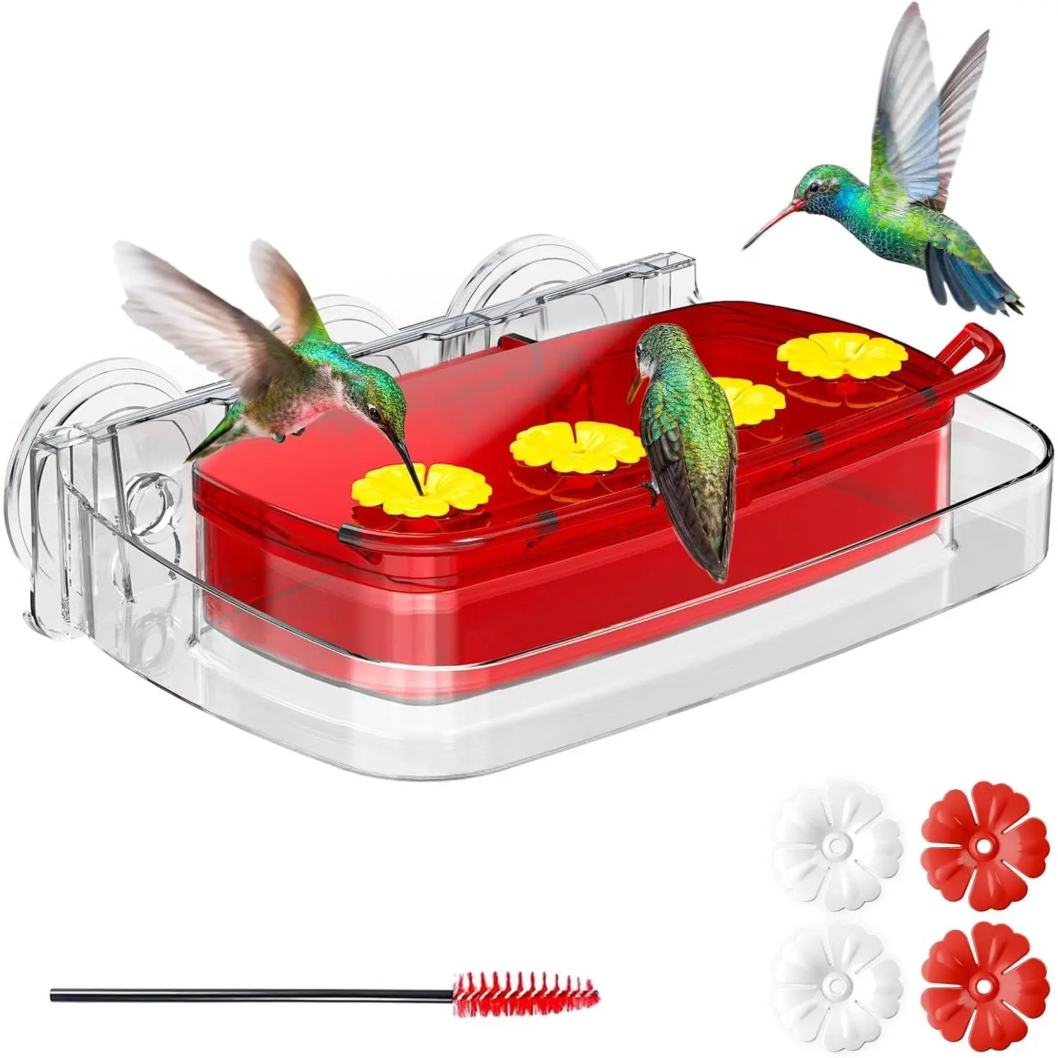 Window Hummingbird Feeder with  Suction Cup, Plastic Hummingbird Feeders for Outdoors, -in Moat,Easy to Clean and Refil (10oz) (1, Red)