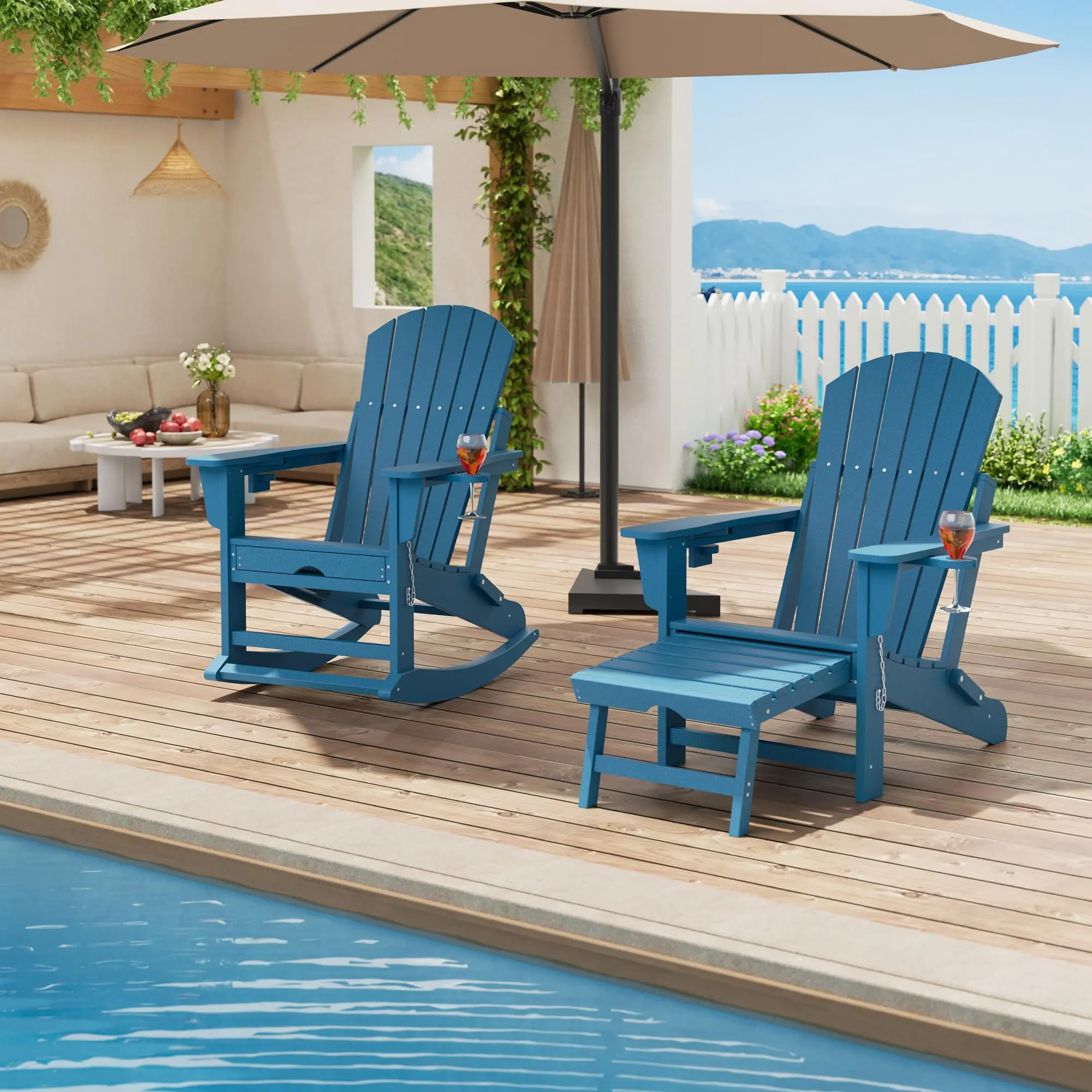 All-Weather HDPE Folding Adirondack Rocking Chair Set – Ergonomic High Back, Retractable Ottoman, Dual Cup Holders, Footrest – Heavy Duty Outdoor Patio Chairs for Garden, Porch, Yard – Set of 2