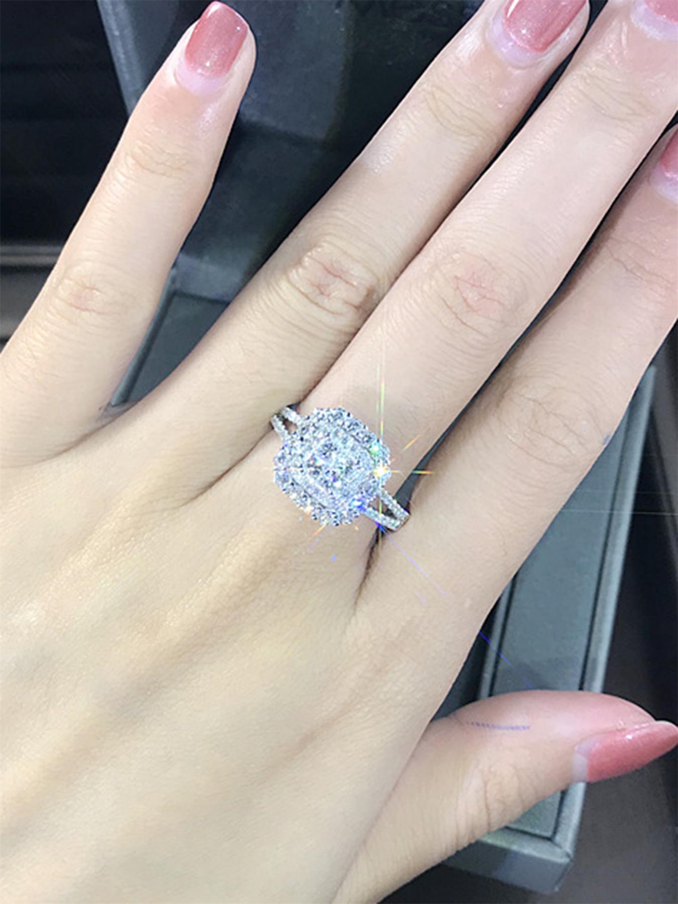 S925 Sterling Silver Luxury Gorgeous Square Shaped Rhinestone Decor Multi Cut Cluster Ring with Box, Elegant Exquisite Jewelry for Women for Summer Party & Daily Wear