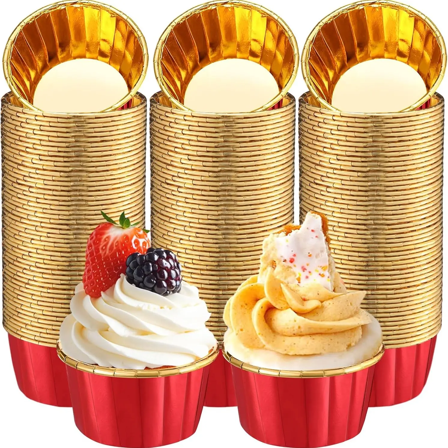 50pcs Fiery Red Gold Cupcake Liners Bulk Disposable Foil Muffin Cups 3.5 oz Wrappers for Baking Home Baking Supplies Aluminum Paper Mini Metallic Disposable Holiday Party Wedding Festival Supply