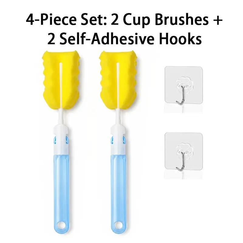 4-Piece Cup Brush Set, 2 Long Handle Sponge Bottle Brushes, 2 Self-Adhesive Hooks, Multipurpose Cleaner for Tumblers, Mugs, Glassware