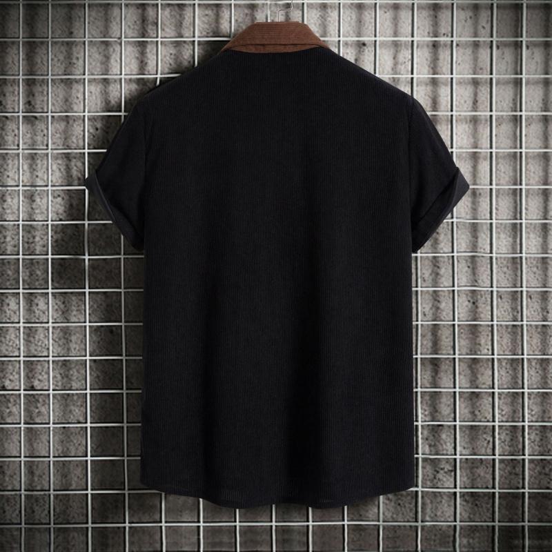 Men's corduroy color-block short-sleeve shirt, casual button-up shirt with chest pocket, vintage summer street style, soft and breathable, suitable for everyday wear