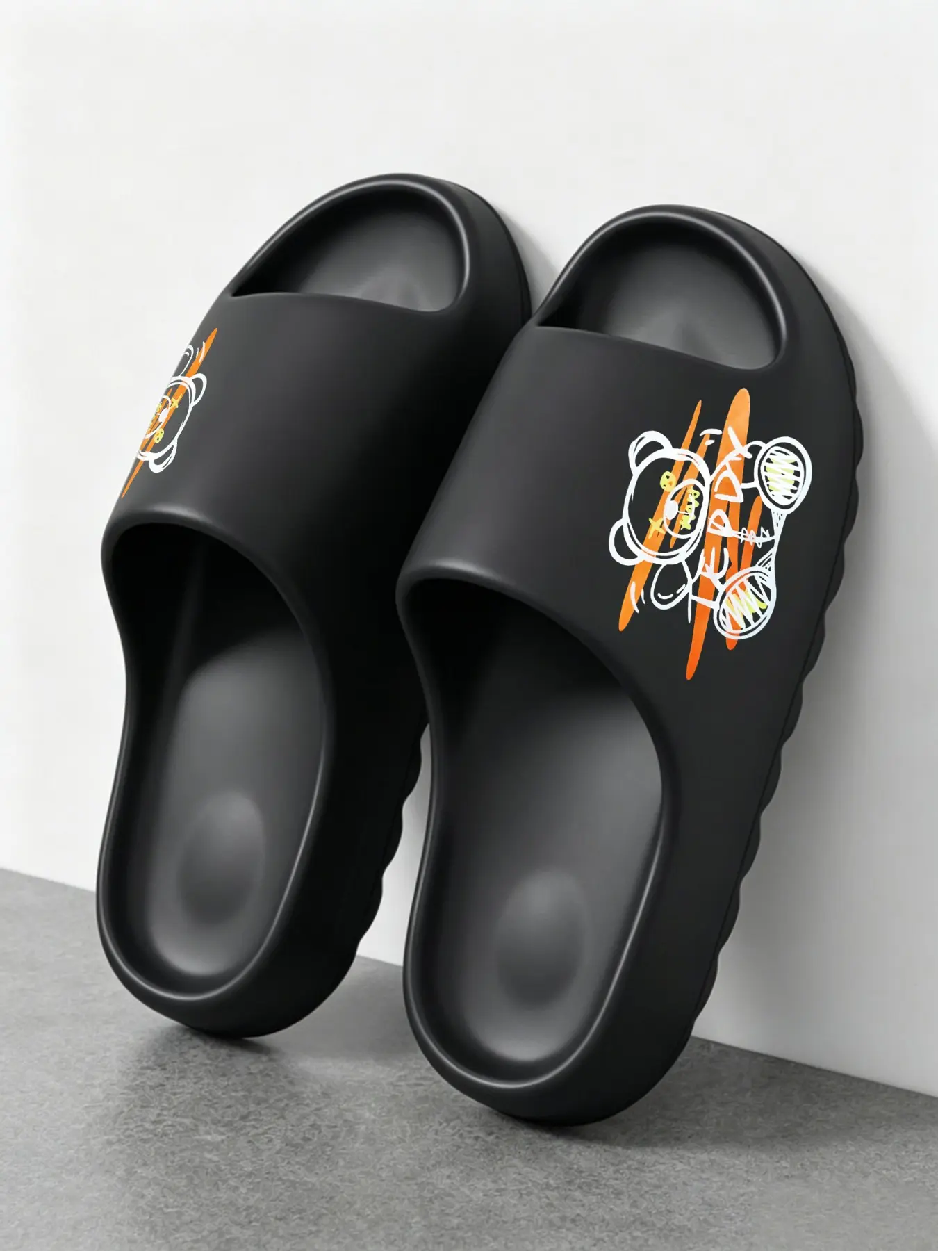 2026 New Graffiti Teddy Bear Print Pillow Slides, Eva Thick Sole Non-Slip Cloud Slippers, Indoor Outdoor Casual Slide Sandals for Women & Men.Runs small, wide feet please size up one size.