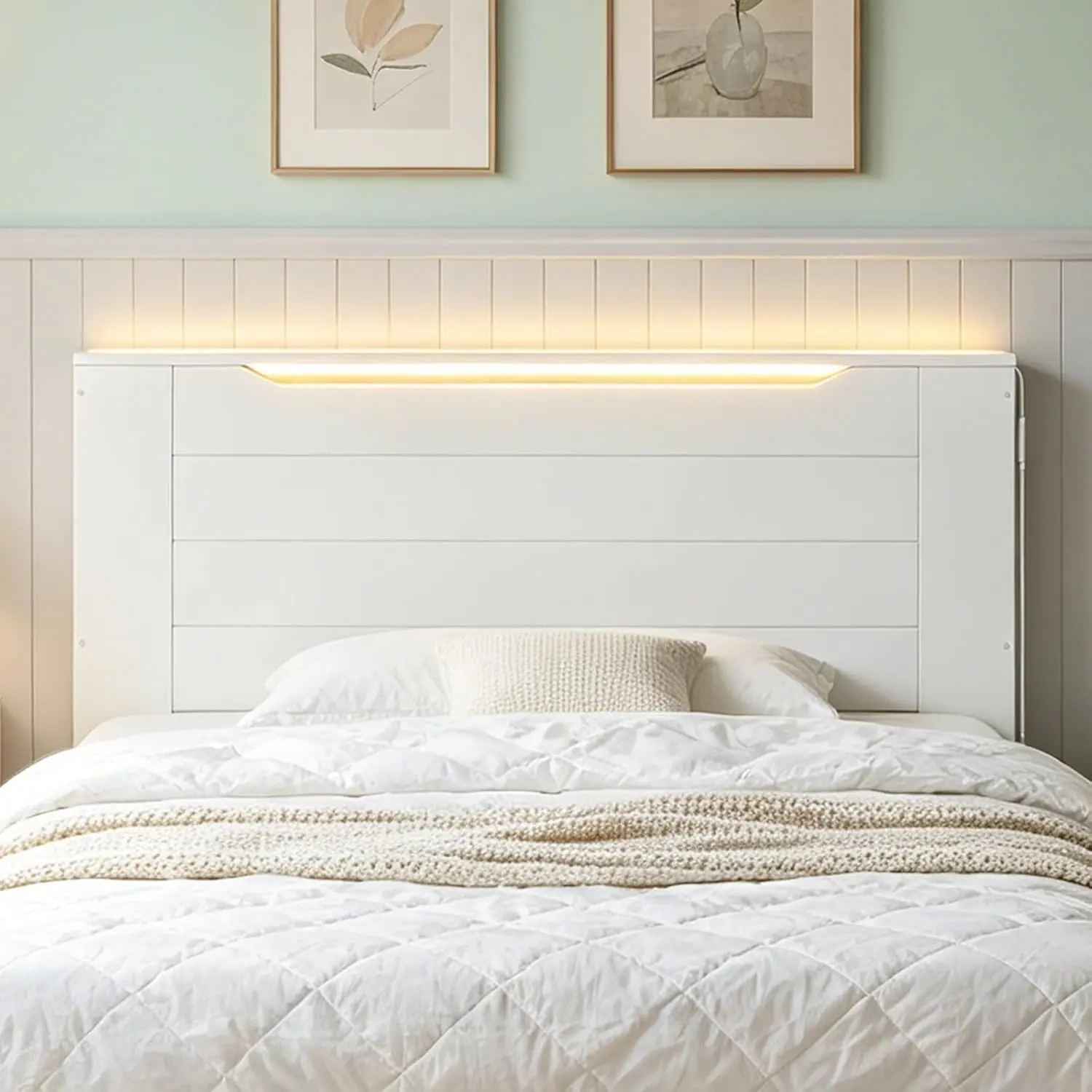 Modern Wooden  Size Headboard Only with LED Light Strip | White Headboard For  Size Bed Frame Adjustable RGB Lighting Easy Assembly Sturdy