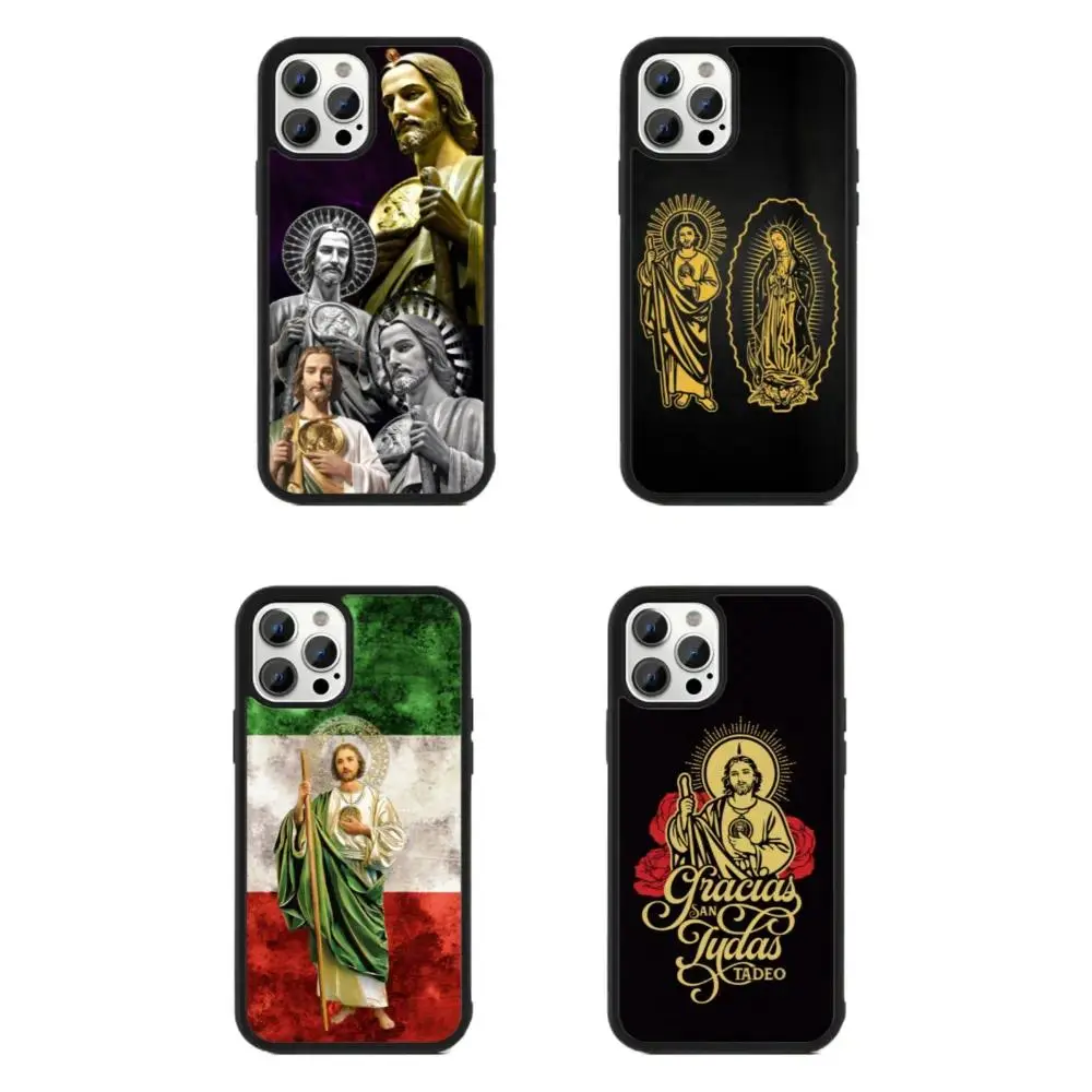 St. Jude's Tadéo Art Phone Case, compatible with iPhone 11–17 Pro Max/Plus series and Samsung Galaxy S23–S25 series, black protective case.