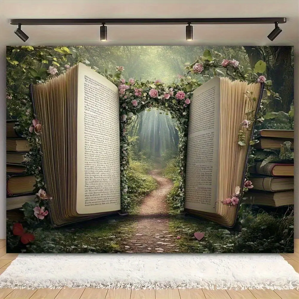 1pc Polyester Magic Garden Book Backdrop Banner - Fairy Tale Floral Design with Vibrant Plants, Casual Geometric Accents, Ideal for Wedding, Party, Photobooth Print Festive Backdrops & Banners Home Decor