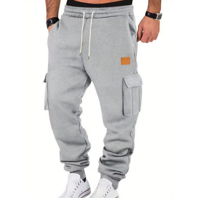 Men's Casual Mid-Rise Joggers with Multiple Pockets - Comfortable 100% Polyester Drawstring Sweatpants, Gray, Perfect for City Walks & Outdoor Activities, Wear Pants | Multifunctional Design Fiber