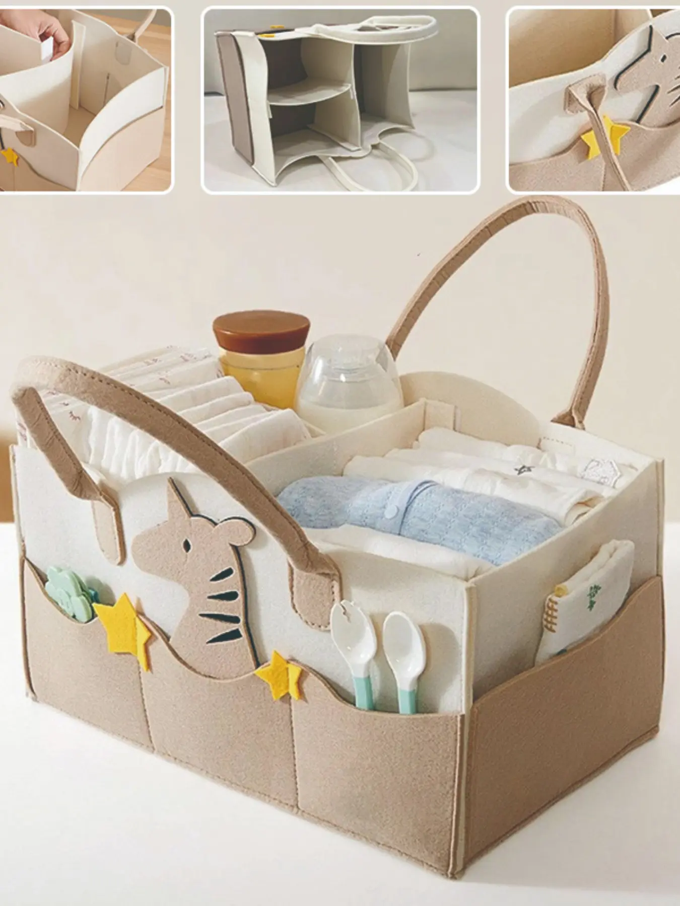 Cartoon Felt Diaper Bag, Baby Bedside Storage Basket, Handheld Cartoon Large Capacity Organizer, Diaper Pouch, Kids Essentials, Diaper Handbag Tote, Travel Diaper Tote