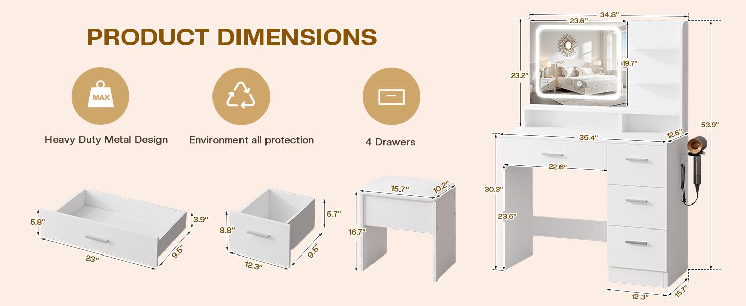 Makeup Vanity Desk with Smart LED Mirror & Charging Station 35.4" White Vanity Table Set with Cushioned Stool 4 Drawers Hairdryer Rack Modern Bedroom Dressing Table White chair light