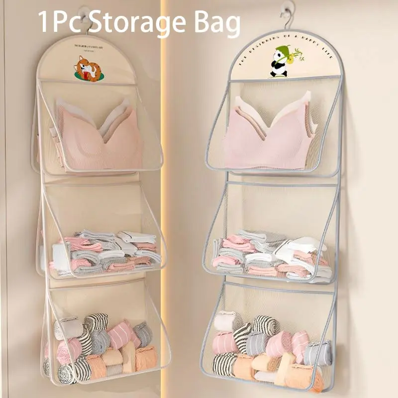 3-Tier Hanging Lingerie Storage Organizer, Breathable Mesh Wall Hanging Bra Panties Socks Divider, Closet Door Underwear Storage Bag for Dorm & Household